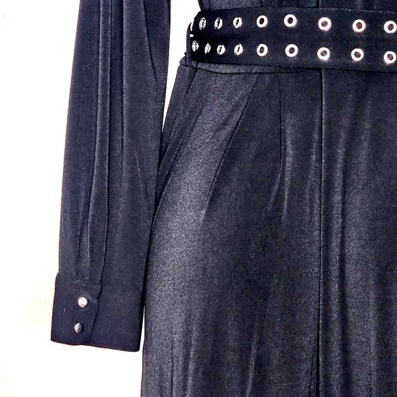 T Tahari Black Midi Shirtdress Jersey Knit Grommet Belt Snaps - Picture 7 of 11